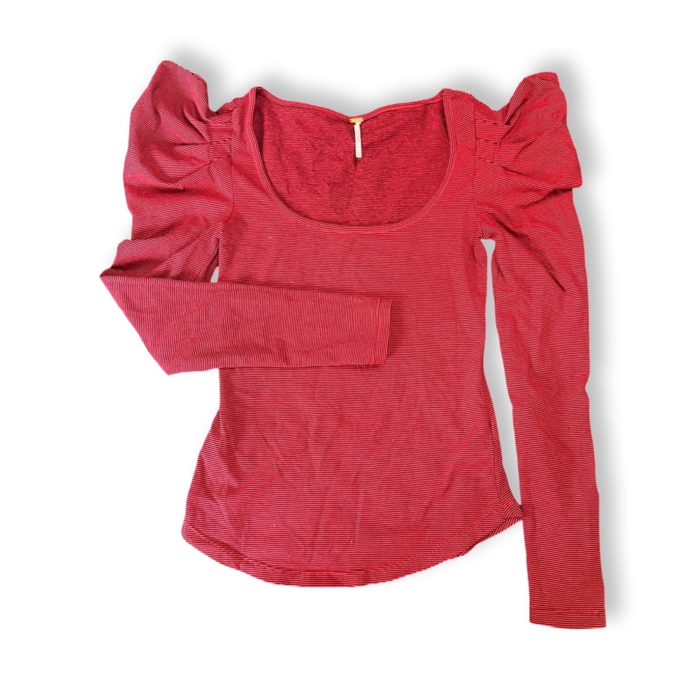 FREE PEOPLE : Penelope Pin-Stripe Red/Navy Puff Sleeve Stretch Top: S : NWOT